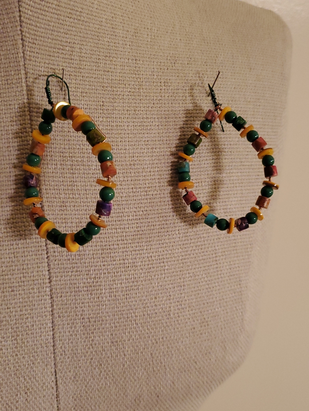 Handcrafted Multicolor Bead Hoop Earrings - Green & Yellow